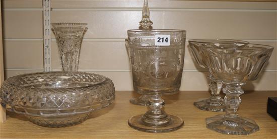 An early 19th century large Sunderland Bridge rummer and other 19th century glassware